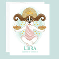 Artwork for the Libra Zodiac sign of a basset hound sitting cross legged and ears outstretched with buckets of dog treats suspended from them forming a scale.