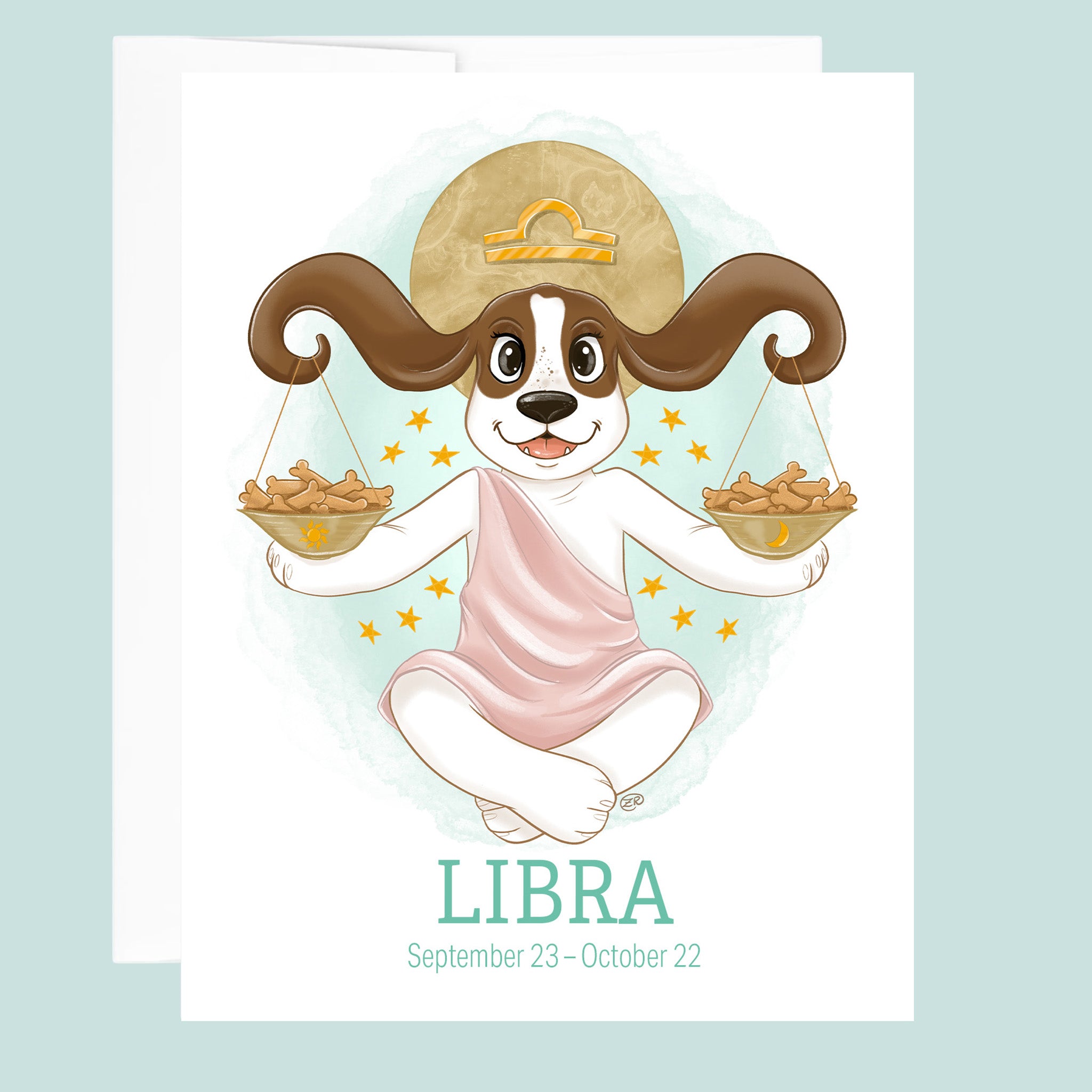 Artwork for the Libra Zodiac sign of a basset hound sitting cross legged and ears outstretched with buckets of dog treats suspended from them forming a scale.