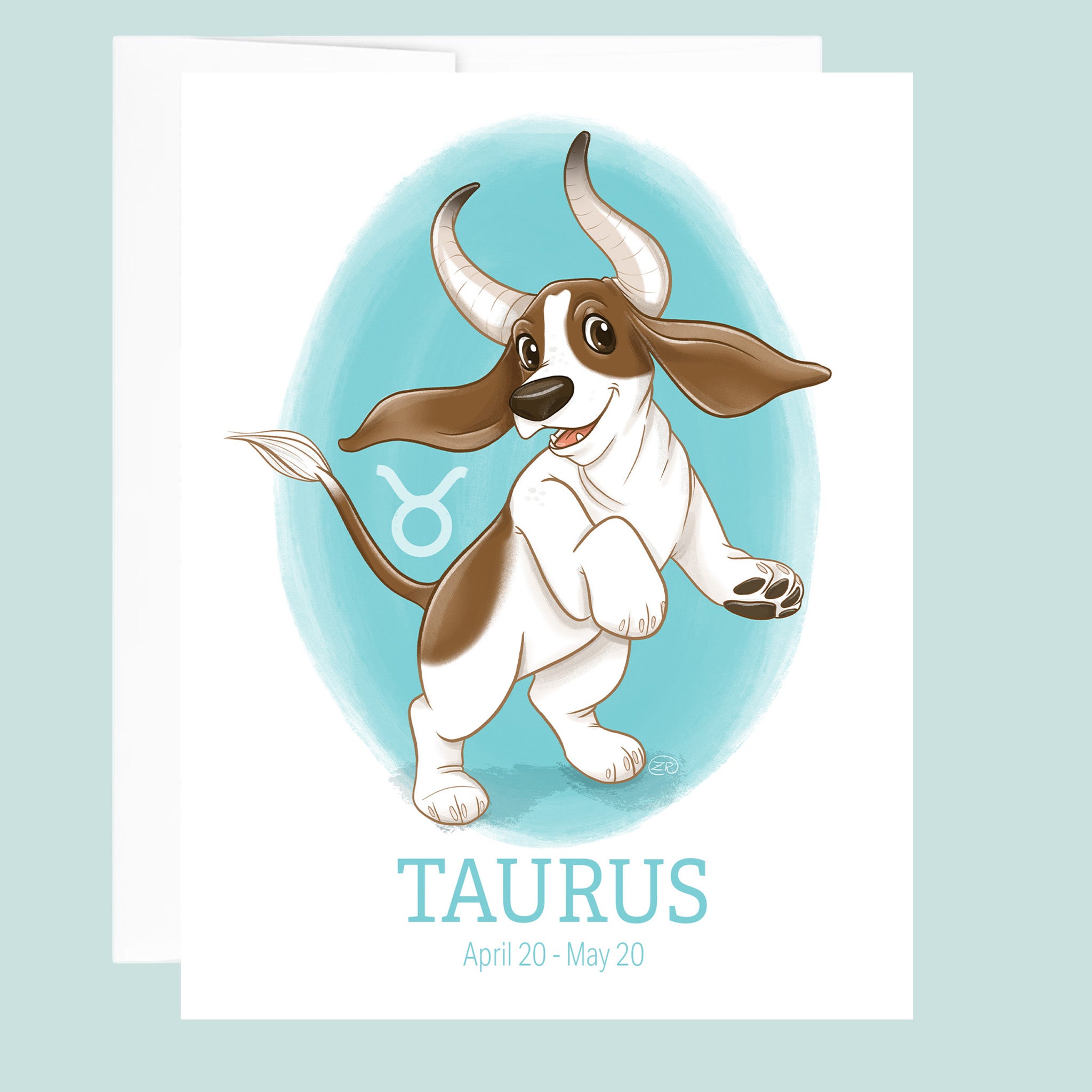 Artwork for the Taurus Zodiac sign of a basset hound rearing up with bulls horns.