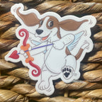 Cartoon cupid dog with a bow and arrow on a woven surface