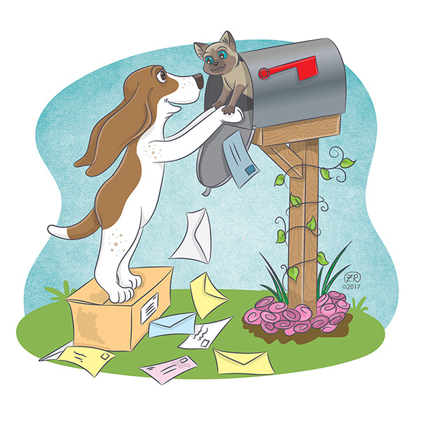 Cartoon dog and cat interacting with a mailbox and letters on a grassy background.