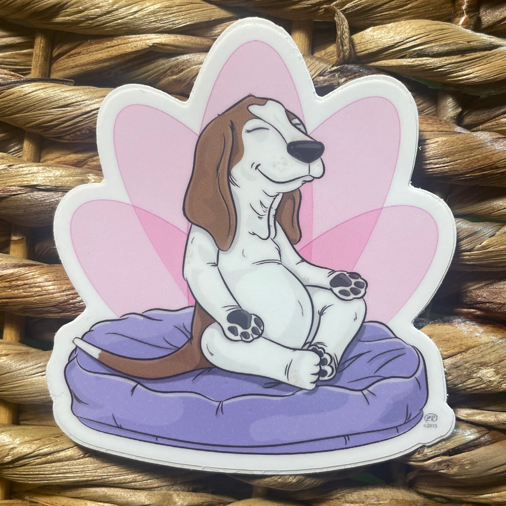 Cartoon dog sticker on a woven background