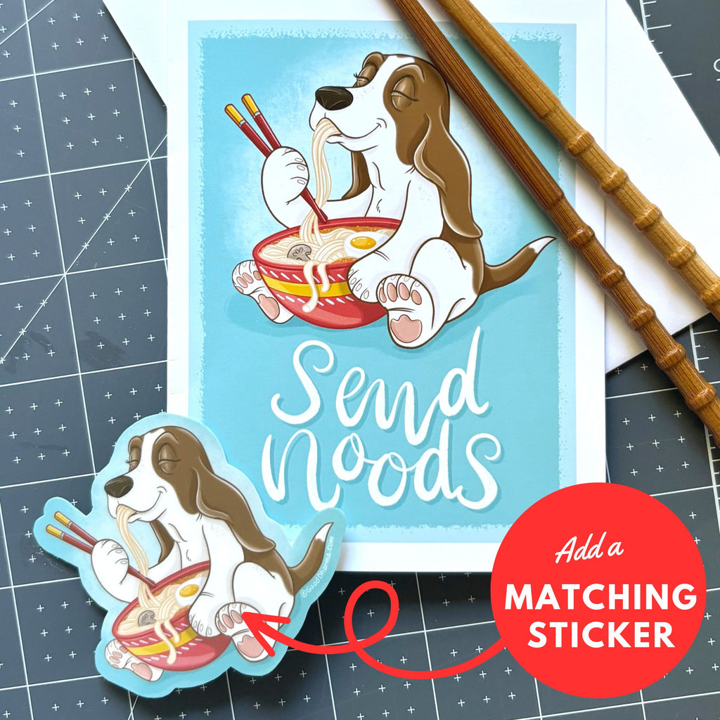 Cartoon dog eating ramen with chopsticks on a blue background, accompanied by a matching sticker.