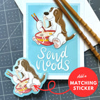 Cartoon dog eating ramen with chopsticks on a blue background, accompanied by a matching sticker.
