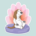 Artwork of a zen basset hound meditating on a purple cushion with a pink lotus design behind.