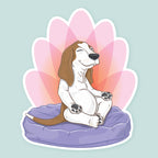 Artwork of a zen basset hound meditating on a purple cushion with a pink lotus design behind.