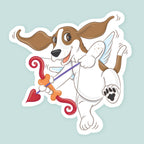 Artwork as a cupid basset hound with wings and a bow and arrow.