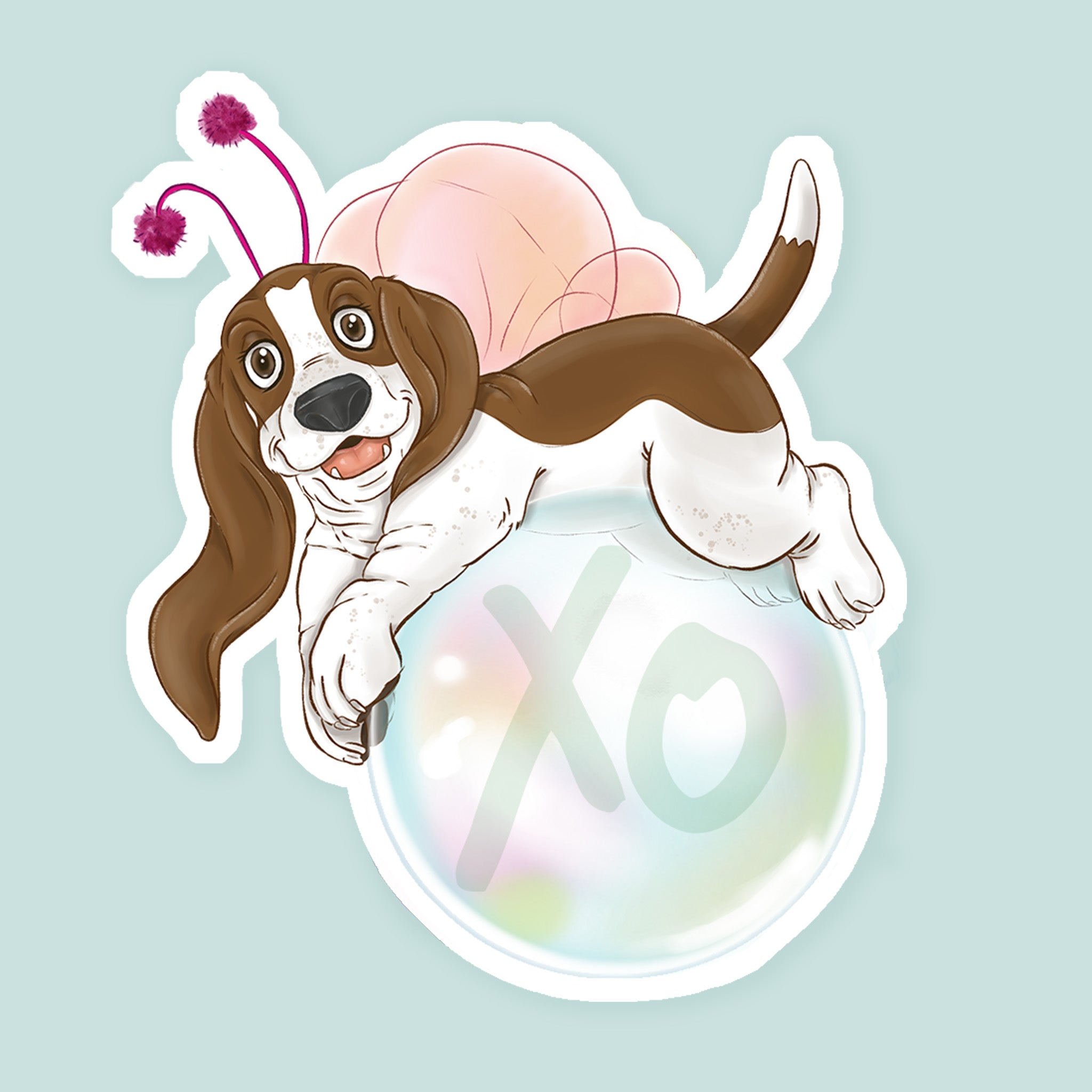 Artwork of a basset hound with fairy wings and antennae floating on a bubble that says XO.