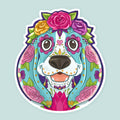 Artwork of a colorful sugar skull basset hound with roses on her head.