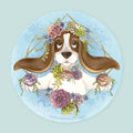 Artwork of a basset hound surrounded by succulent plants.
