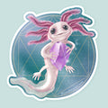Artwork of a cute pink axolotl holding an amethyst crystal on a blue grid background.