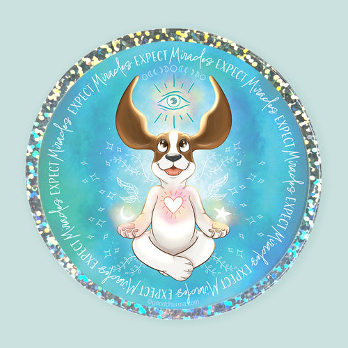 Artwork of a spiritually enlightened basset hound surrounded by the words Expect Miracles.