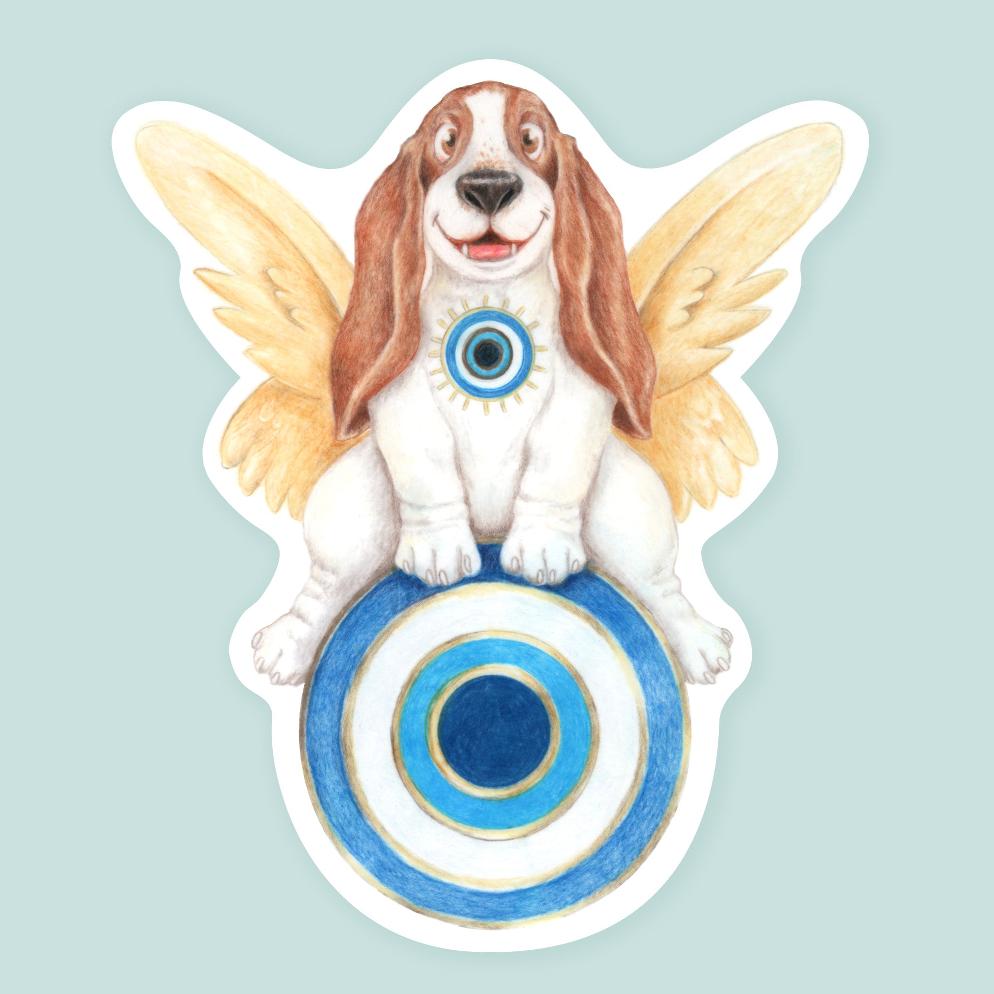 Artwork of an angelic basset hound with wings sitting on an evil eye symbol.