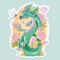 Artwork of a cute dragon character with a dragonfly friend and water lilies all around.  