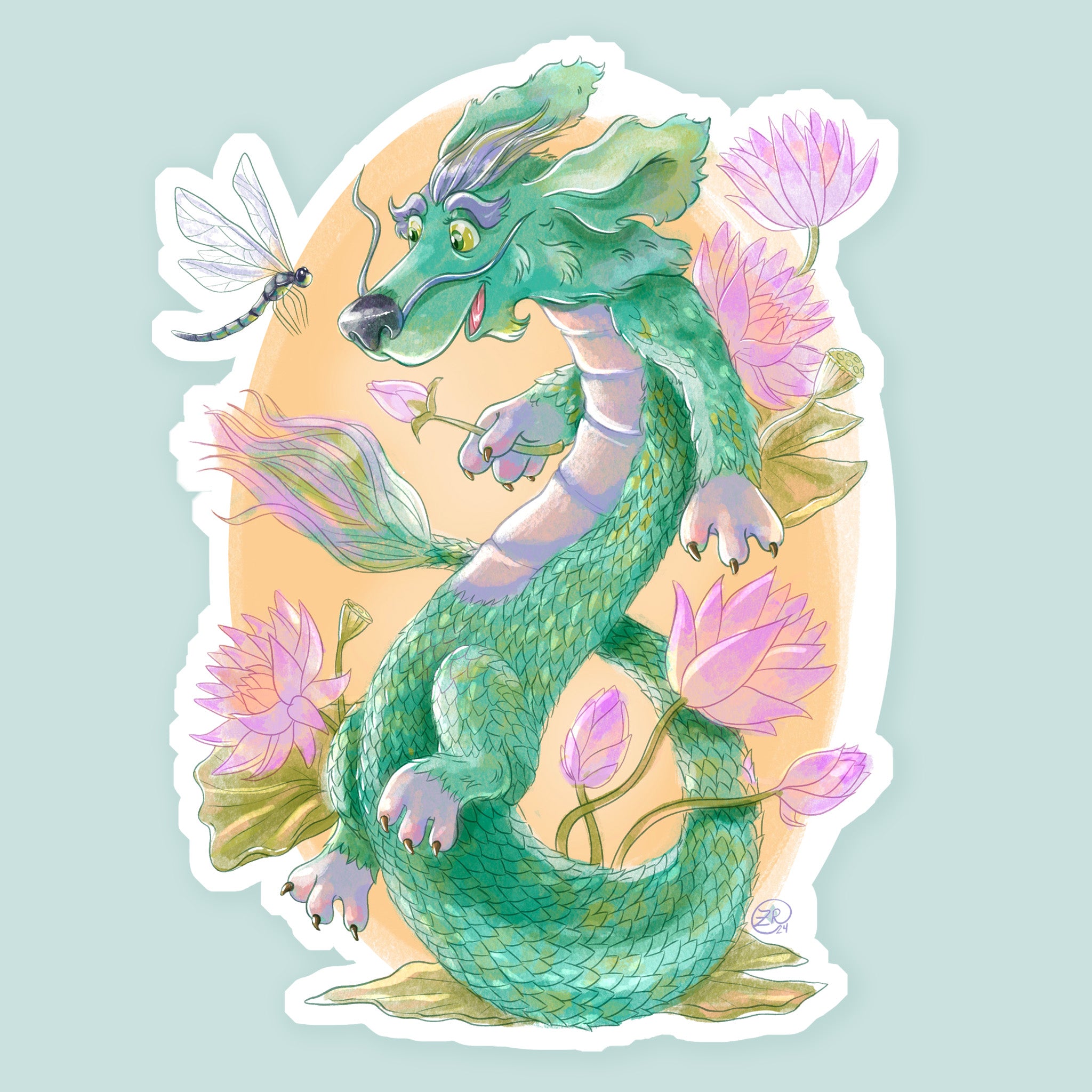 Artwork of a cute dragon character with a dragonfly friend and water lilies all around.  