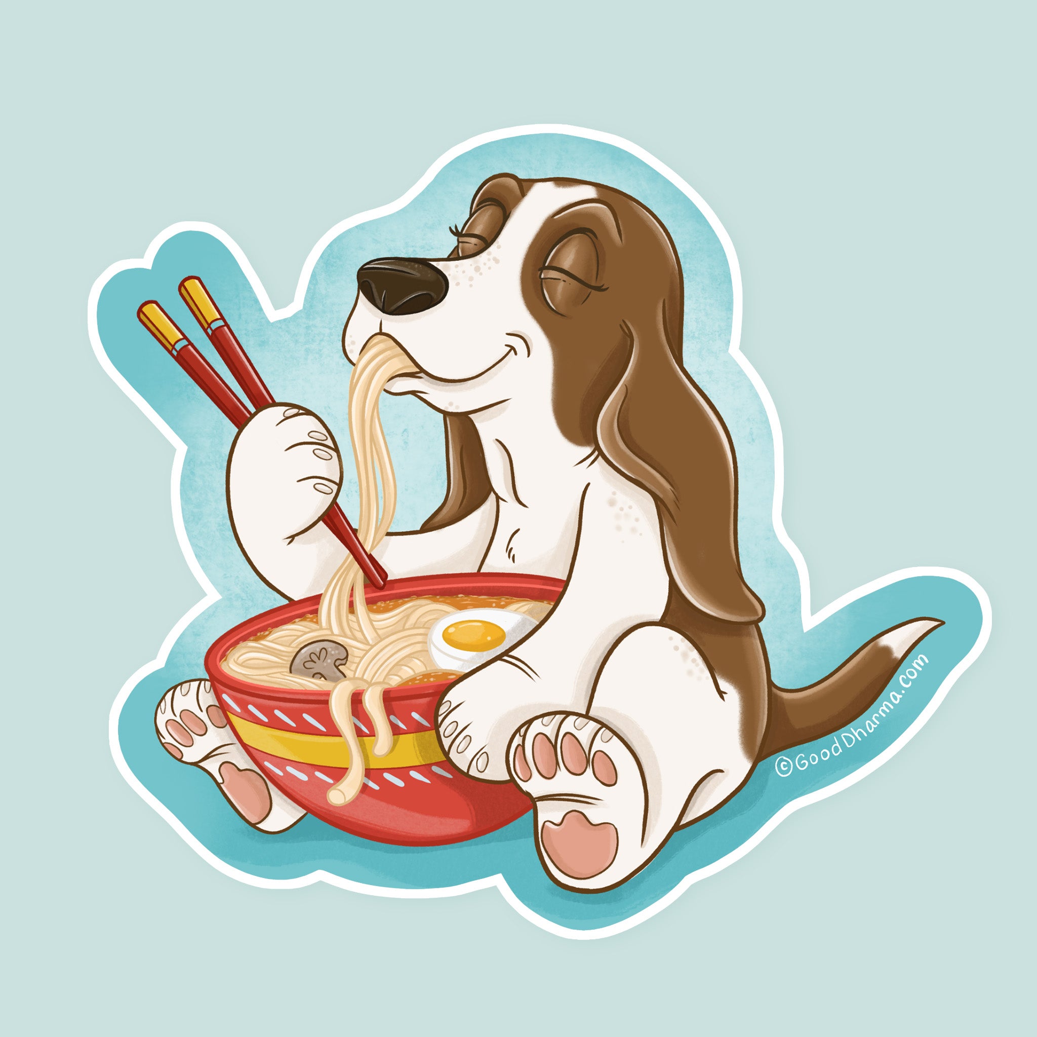 Artwork of a basset hound eating ramen with chopsticks.