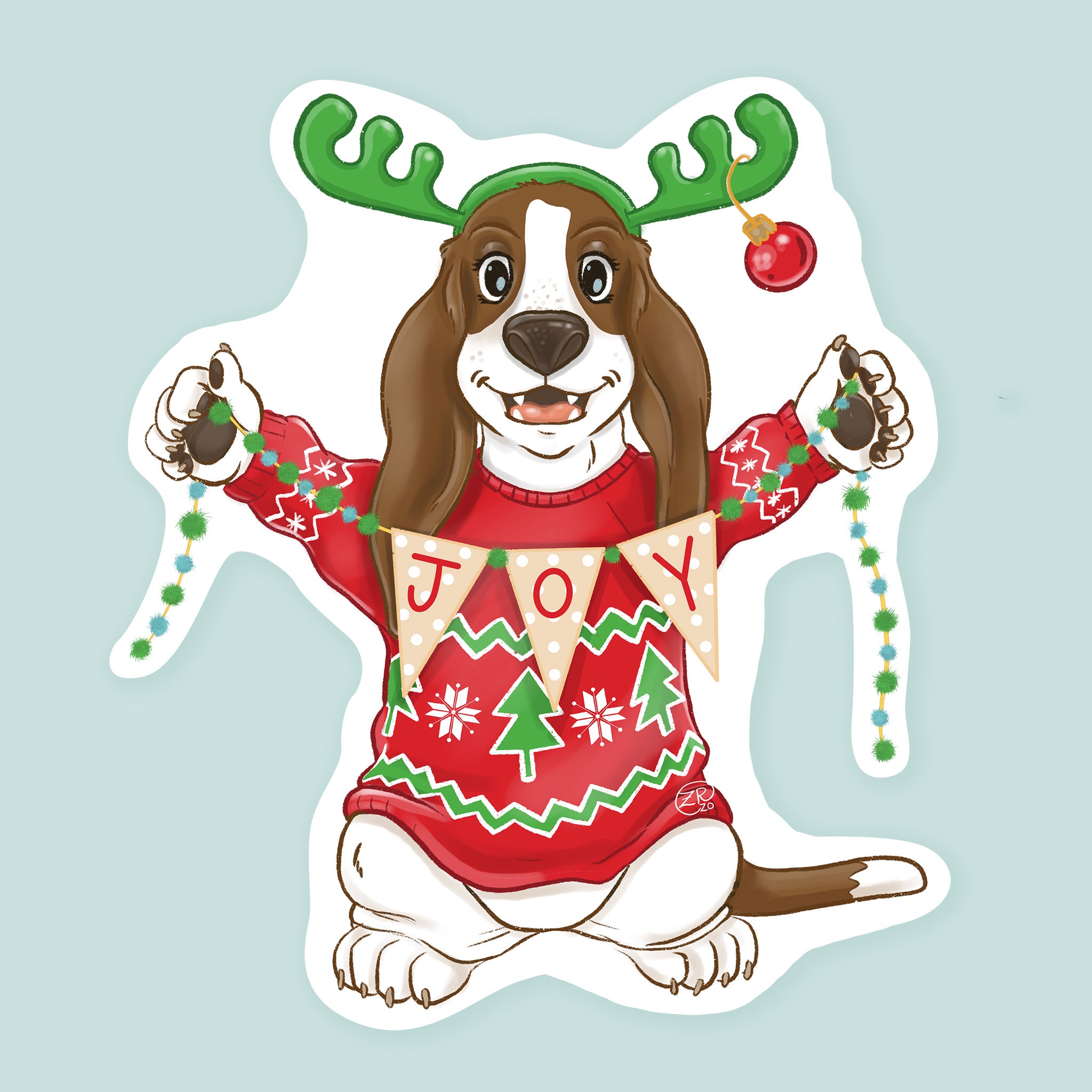 Artwork of a basset hound wearing antlers and ugly Christmas sweater holding banner saying JOY.