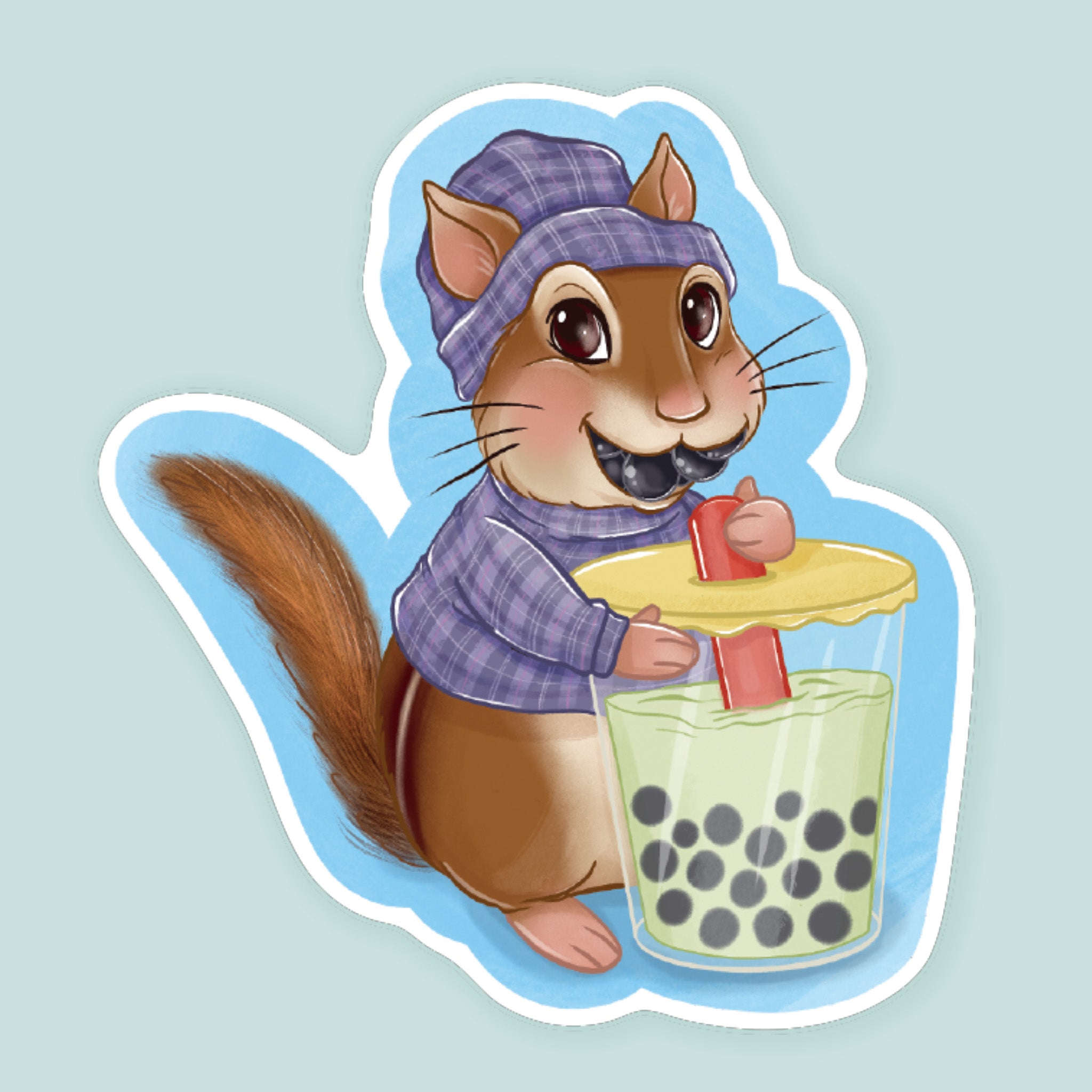 Cute illustrated chipmunk wearing a purple hat and sweater drinking boba milk tea with a mouth full of boba.