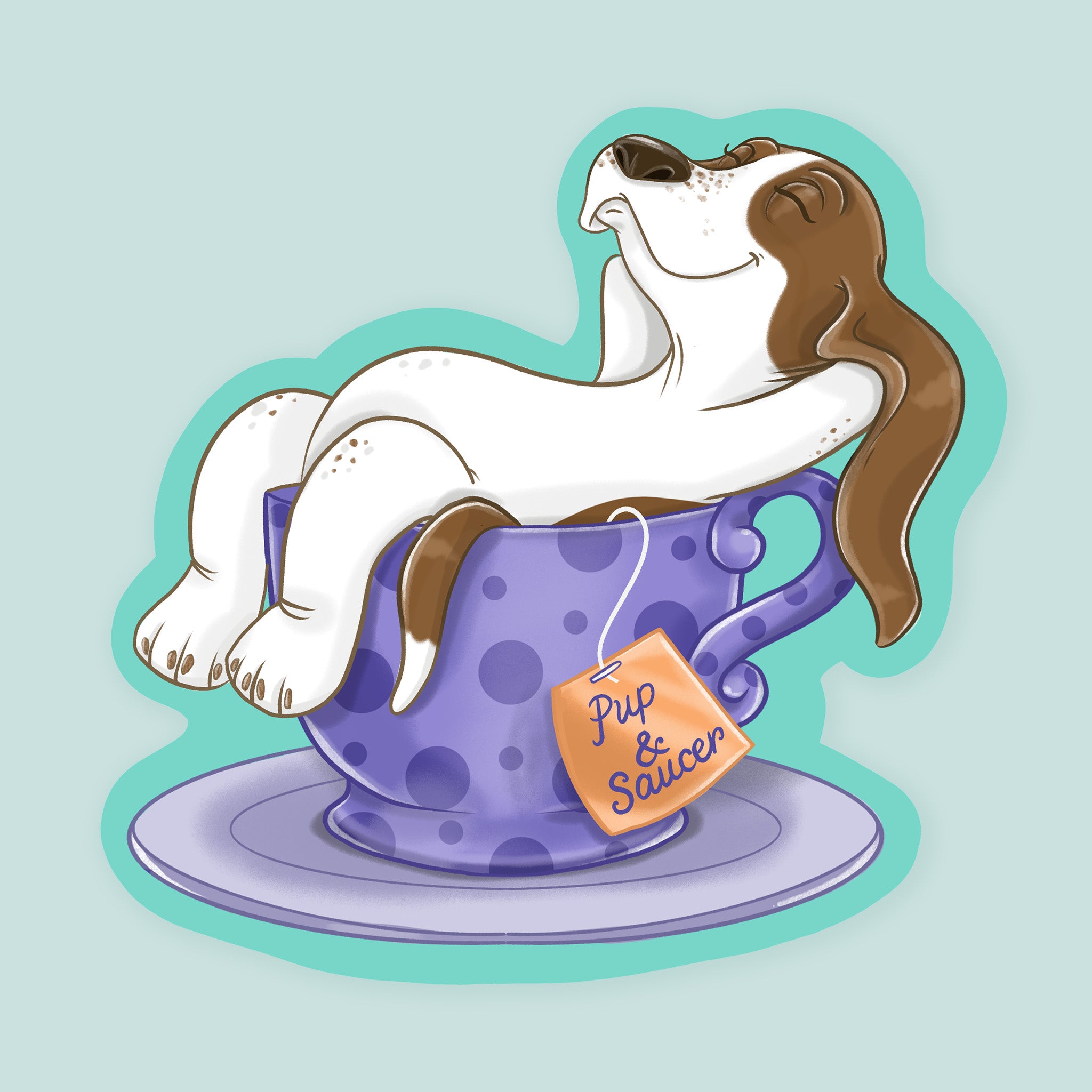 Artwork of a basset hound lounging in a purple tea cup.