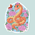 Artwork of a cute orange snake character with a butterfly friend surrounded by pink roses.