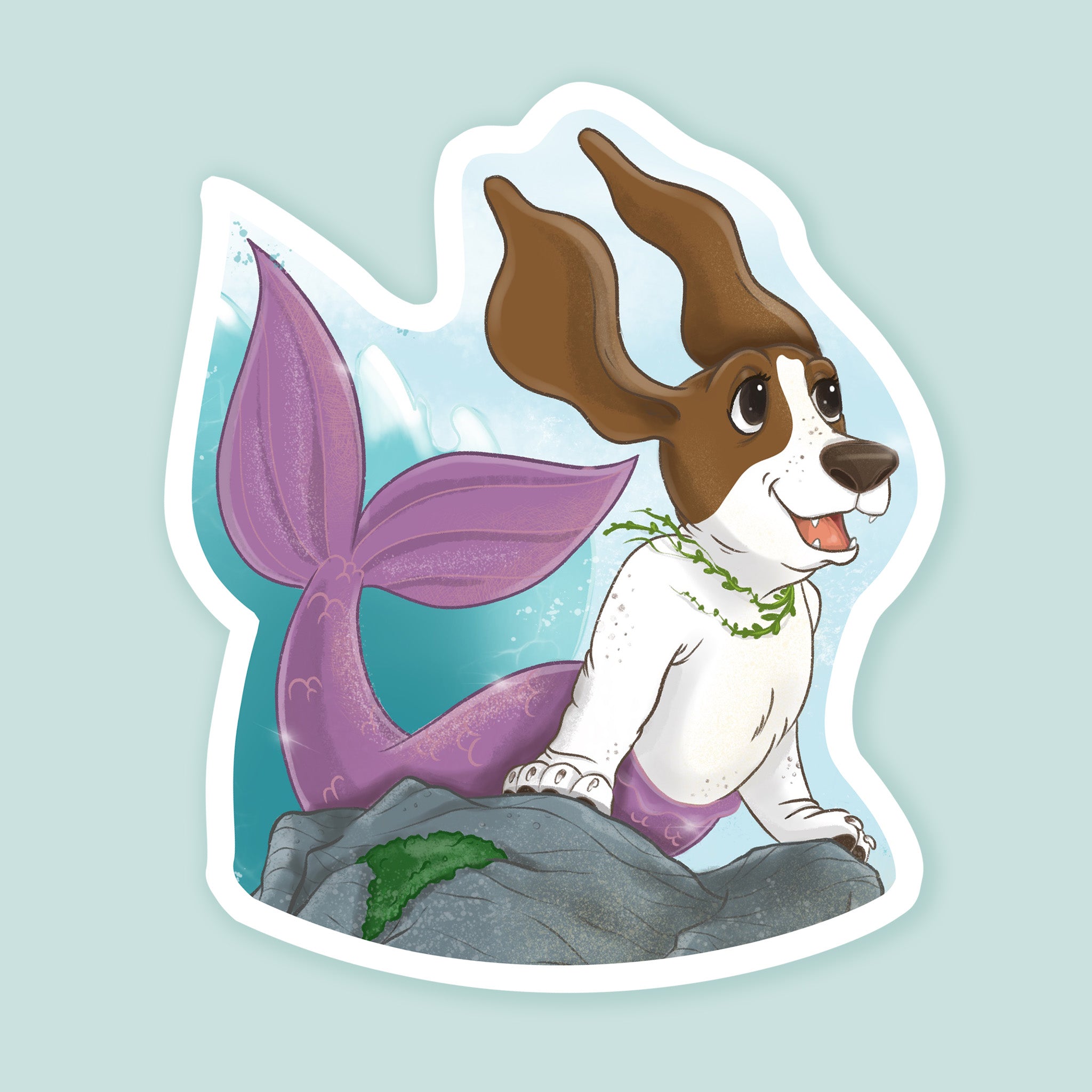 Artwork of a basset hound as a mermaid posing on a rock in the ocean.