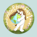 Artwork of a basset hound holding the earth with the words Happy Earth Day.