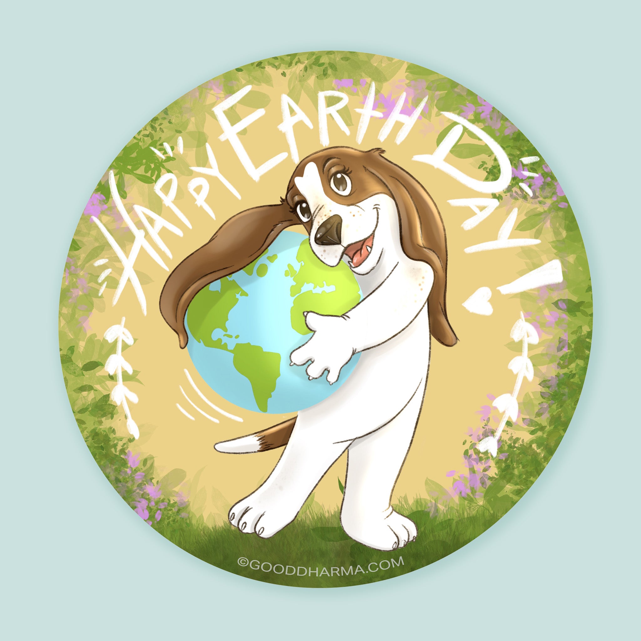 Artwork of a basset hound holding the earth with the words Happy Earth Day.