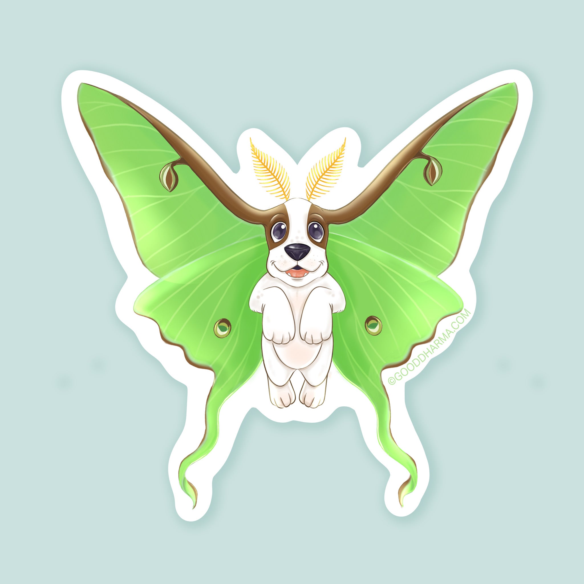 Artwork of a basset hound puppy with green luna moth wings for ears.