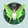 Artwork of a basset hound with luna moth ears over a moon phase background.