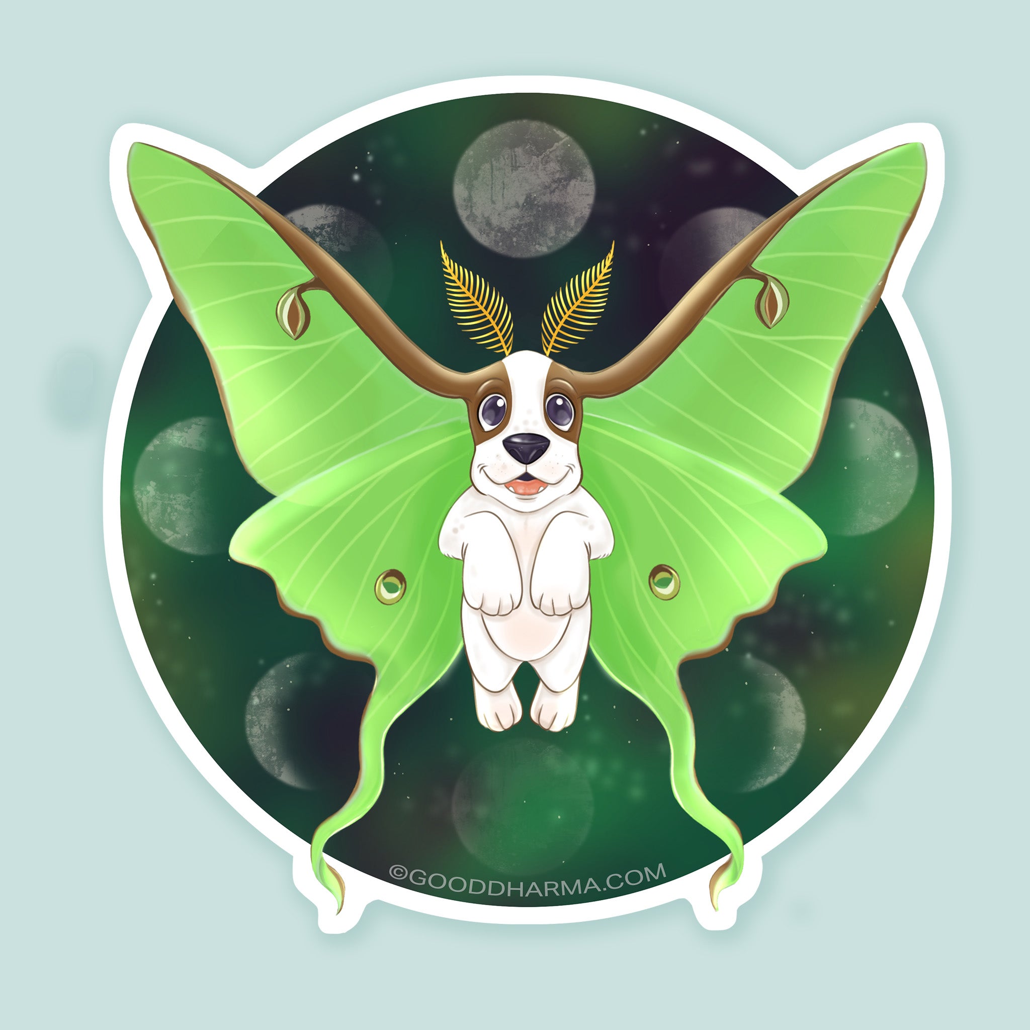 Artwork of a basset hound with luna moth ears over a moon phase background.