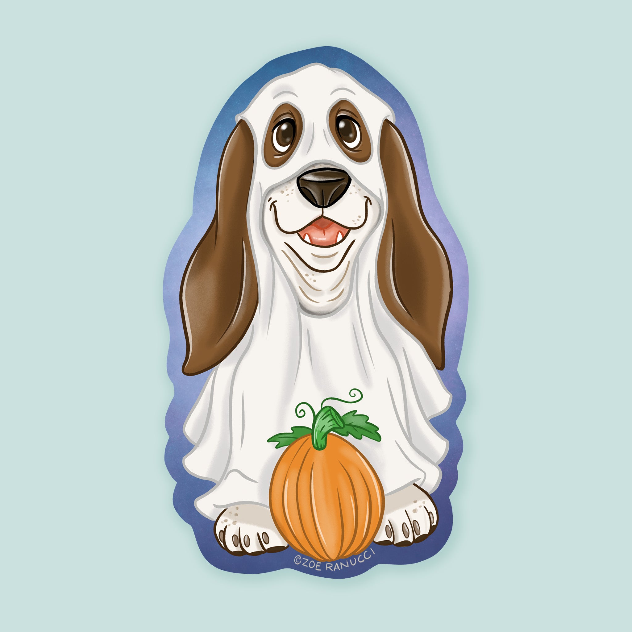 Artwork of a basset hound dressed as a ghost with a small pumpkin.