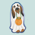 Artwork of a bloodhound dog dressed as a ghost holding a pumpkin bucket filled with dog treats.