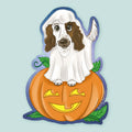 Artwork of a dachshund wearing a ghost costume standing on a pumpkin.