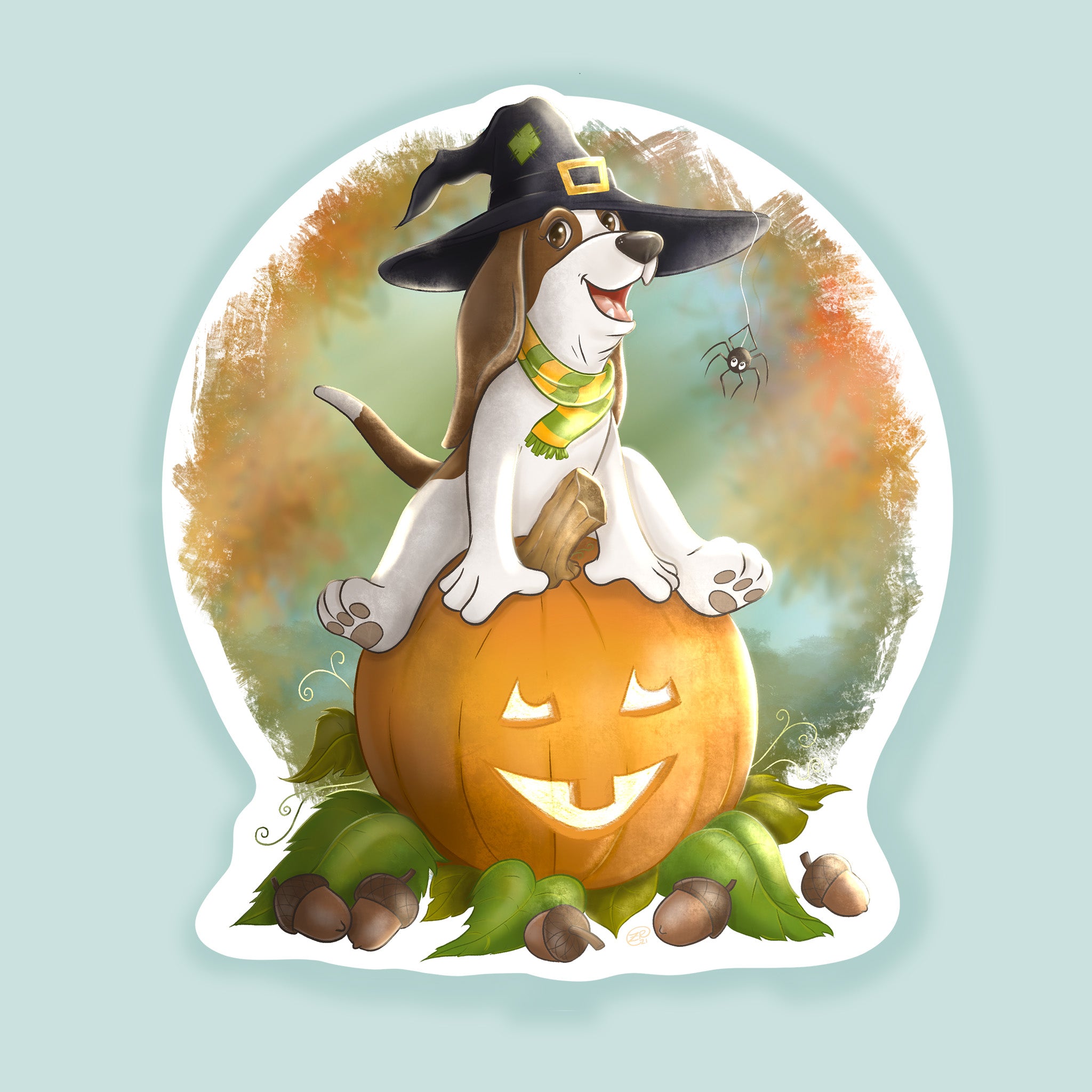 Artwork of a basset hound wearing a witches hat sitting on a jack o lantern pumpkin.