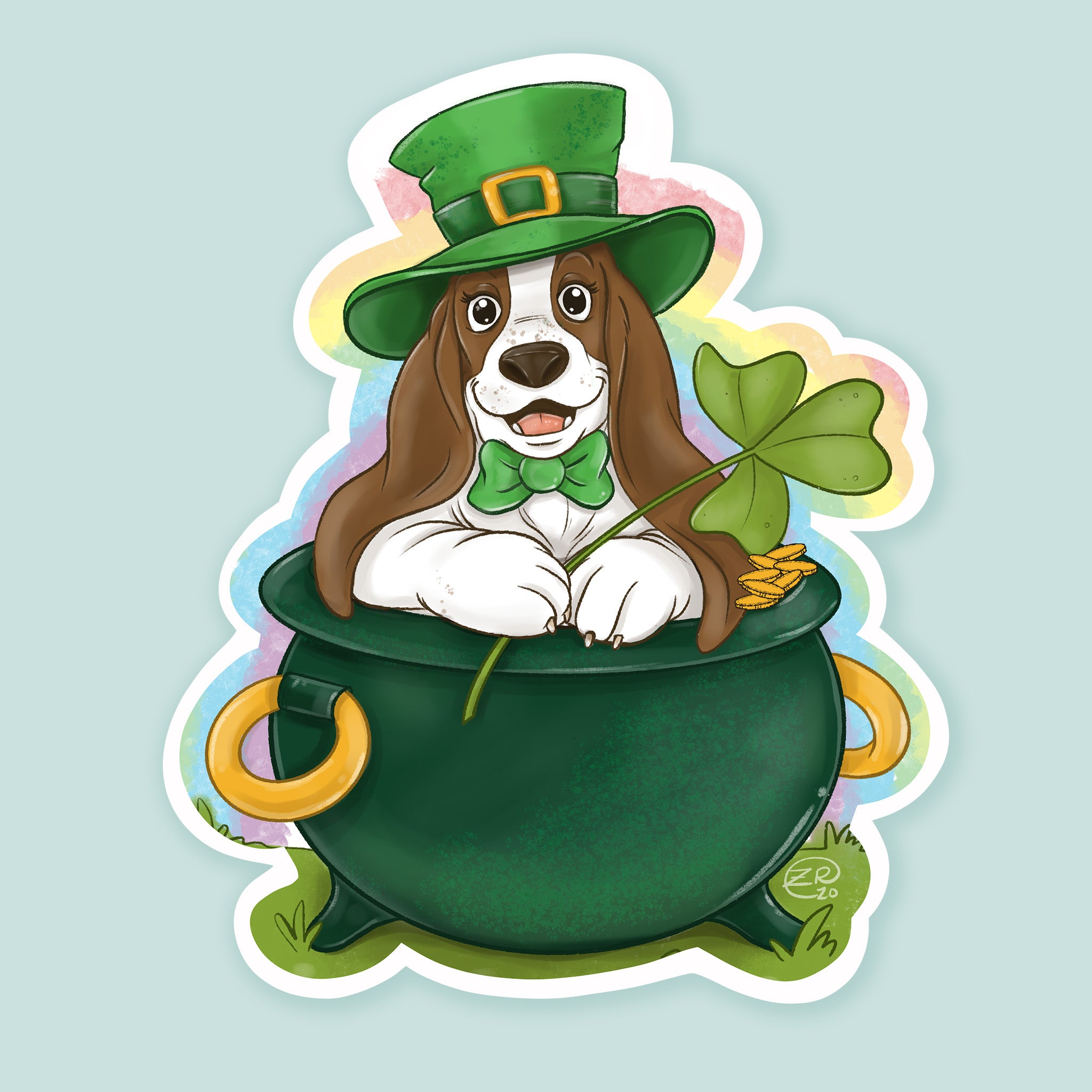 Artwork of a basset hound wearing  green top hat and holding a shamrock sitting in a pot of gold.
