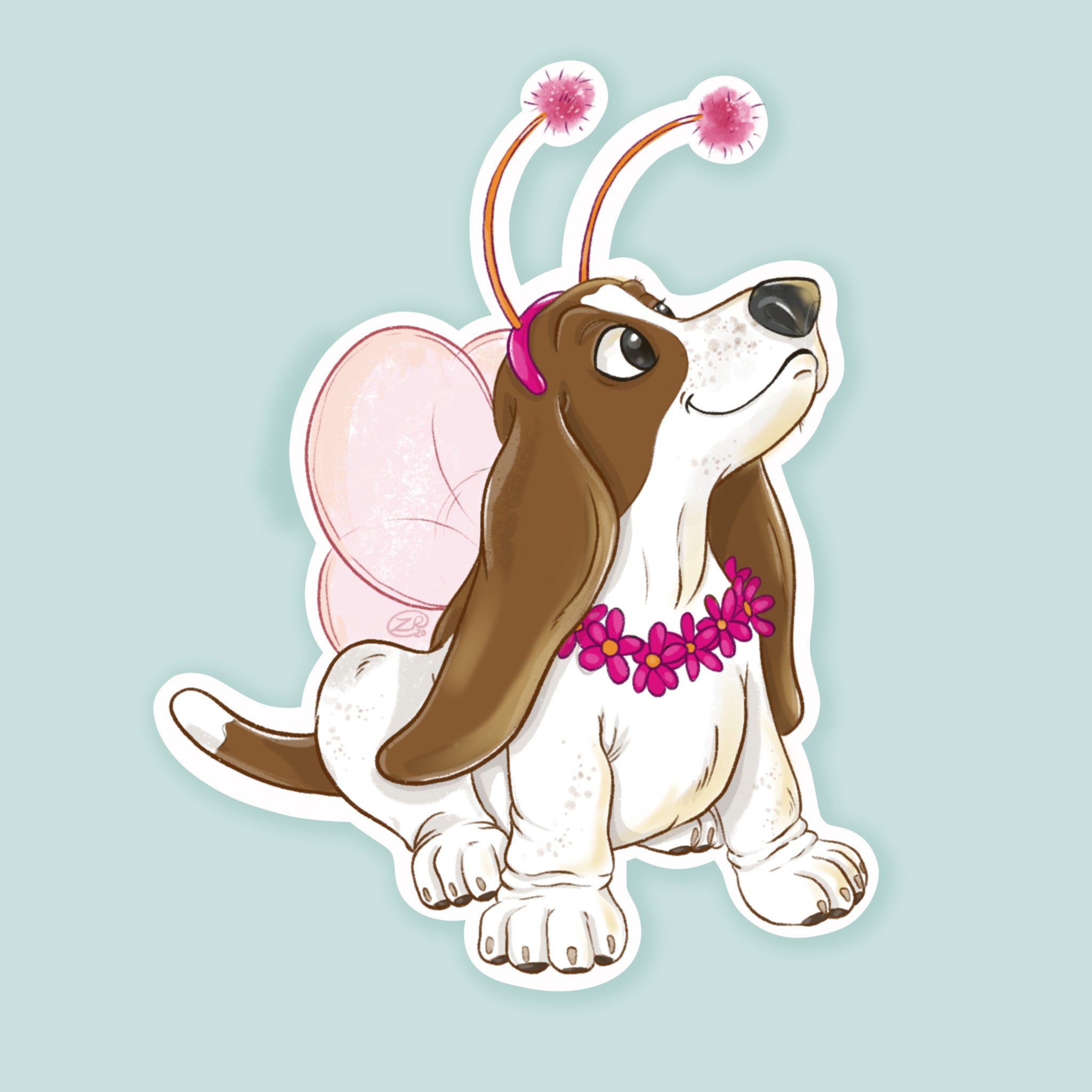 Artwork of a basset hound puppy wearing fairy wings and antennae.