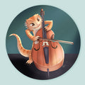Artwork of a bearded dragon playing a cello.