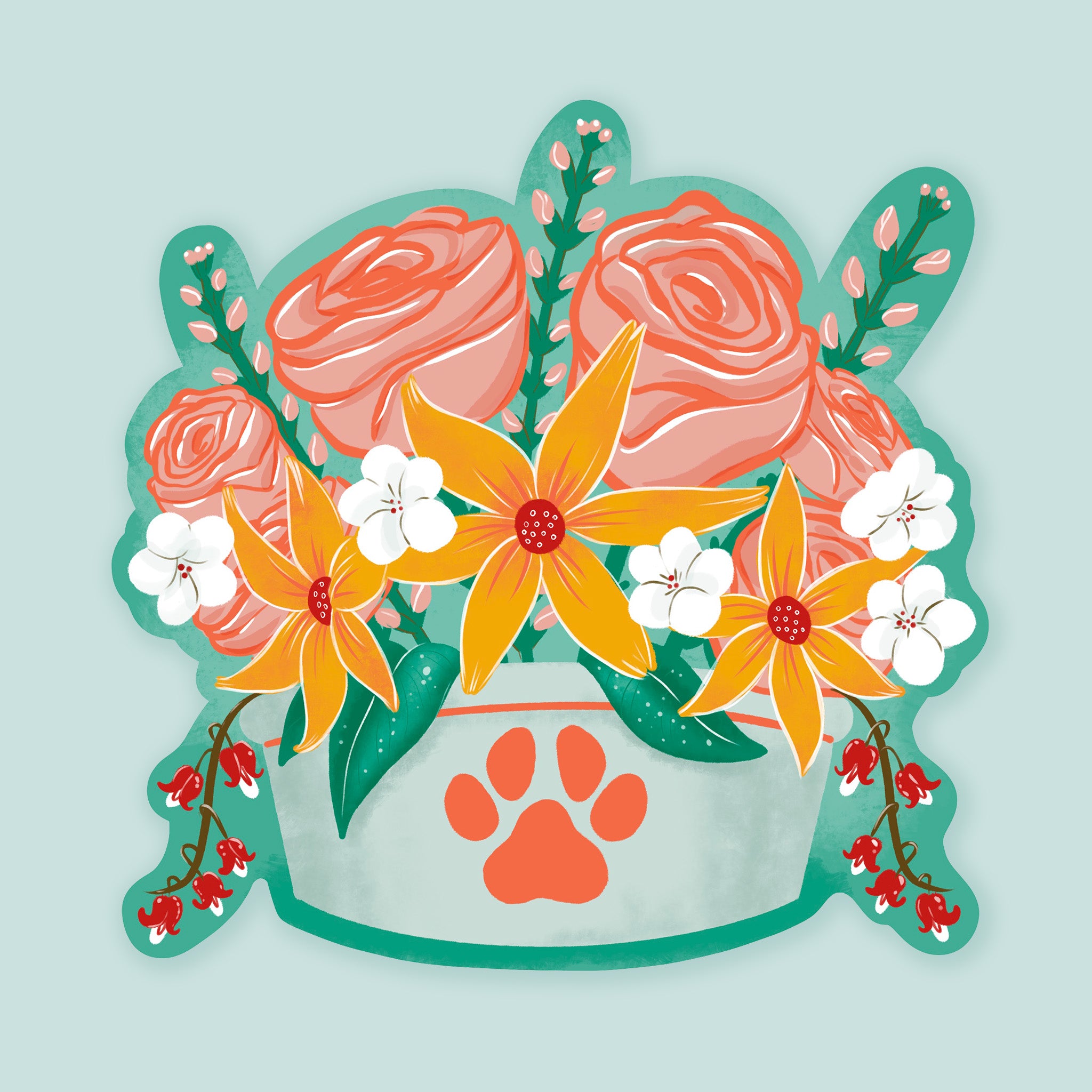 Artwork of a dog dish with paw print filled with orange and pink flowers.
