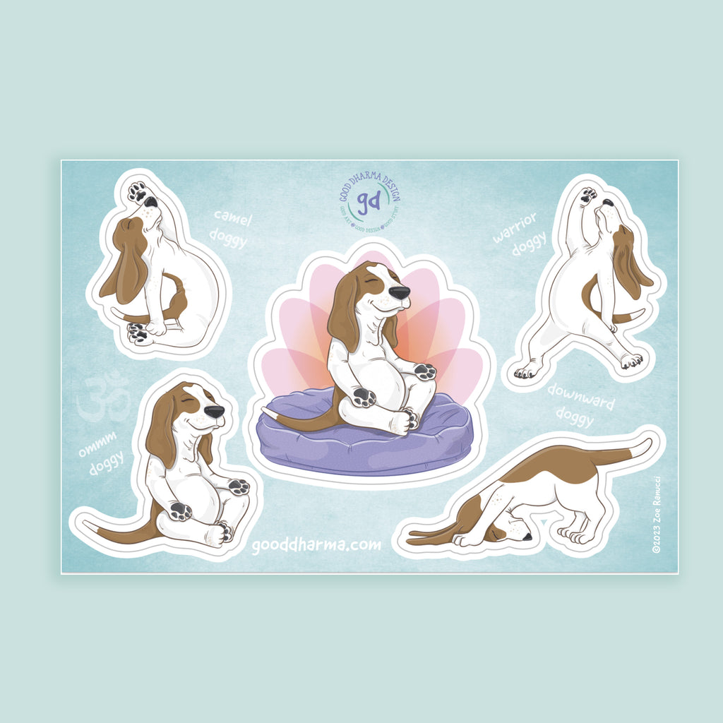 Set of stickers featuring a dog in various  yoga poses on a light blue background.