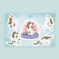Set of stickers featuring a dog in various  yoga poses on a light blue background.